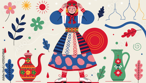Woman in traditional folk costume, floral and teapot still life