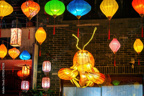 Festival lanterns. Night view of Yaxiang Street, Liaobu, Dongguan, China.