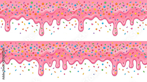 Pink dripping glaze frosting border with colorful sprinkles isolated on white background