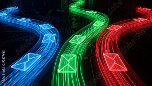 Envelope icons flowing along three glowing message streams over circuit board floor for email delivery campaign routing and communication channel concept