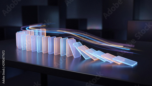 Frosted tiles toppling in domino sequence with light streaks for chain reaction cascading failure risk and consequence effect concept
