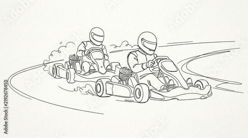 Go kart racers driving on track continuous line art drawing of motorsport competition