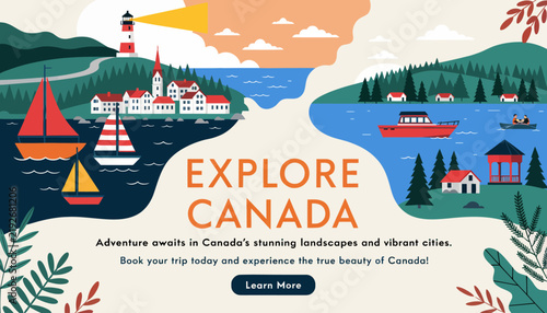 Explore Canada: Lighthouse, sailboats, lake, and forest scene.