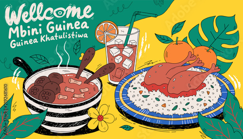 Welcome Mbini Guinea: Festive Food Illustration with Roasted Chicken and Stew