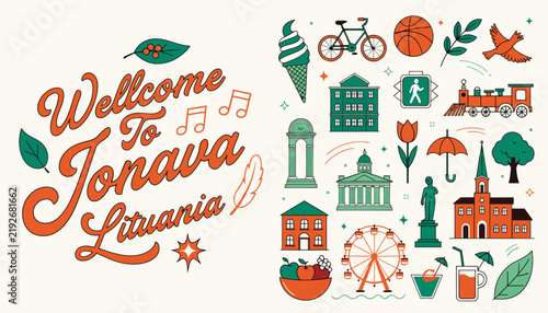 Welcome to Jonava Lithuania City Icons Set, Cityscape Design Elements