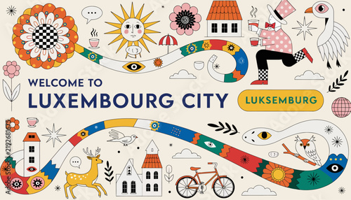 Welcome to Luxembourg City: Vibrant illustration with landmarks, sun, deer, and bicycle