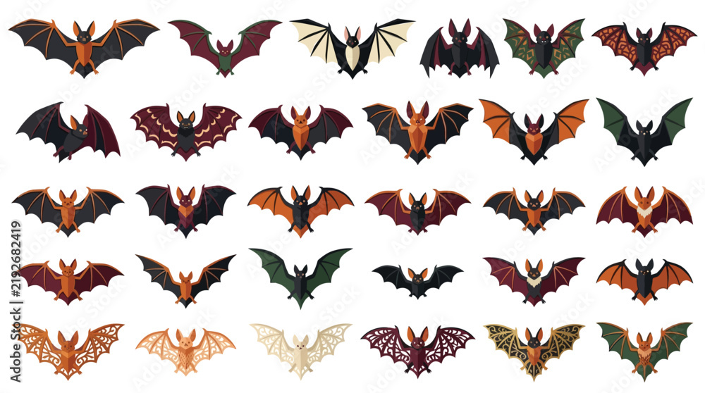 Fototapeta premium Halloween bat vector icons set, flying vampire bats collection in flat style, spooky nocturnal animal illustrations for gothic party decor