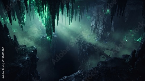 Dark mystical underground cave cavern with glowing green fog and ancient hanging stalactites