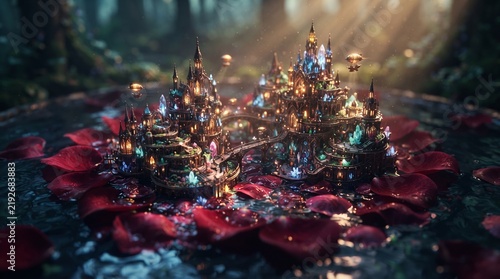 Miniature glowing fantasy castle village built on dark volcanic rock diorama macro close-up