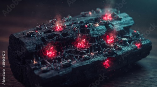 Dark rocky alien asteroid surface covered with glowing red energy nodes in space