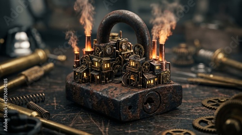 Miniature intricate steampunk padlock or mechanical building model with glowing lights and smoke