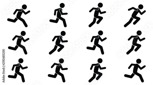 Black stick figures running in various dynamic poses on white background