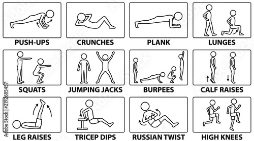 Various exercises for fitness and workout with stick figures in black and white illustrations
