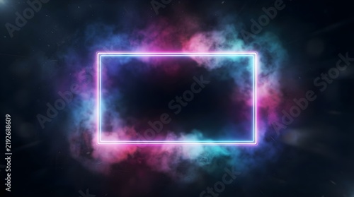 Radiant rectangular neon frame glows brightly against a dark backdrop filled with swirling colorful purple and cyan smoke creating an intense modern atmosphere for design