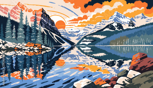 sunset over mountain lake with trees