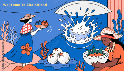 women in traditional clothing holding food on ocean background