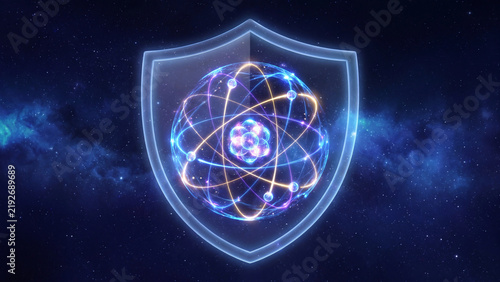 Atomic energy core protected inside a glowing digital shield in deep space for quantum encryption advanced data defense and next generation cyber security technology concepts