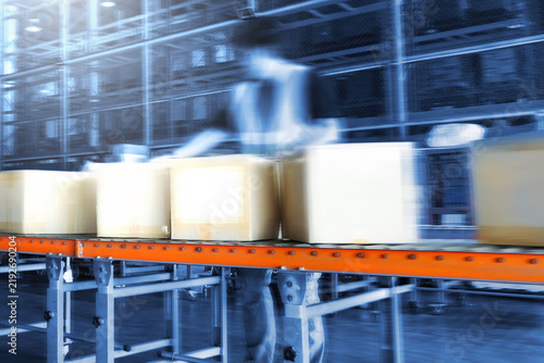 Workers Moving a Package Boxes on Conveyor Belt. Cardboard Boxes, Package. Business e- commerce. Storage Warehouse. Delivering Supply Chain, Supplies Shipment. Warehouse Shipping Logistics.