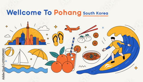 Welcome To Pohang South Korea Collage: Surfing, Cityscape, Food & Travel Icons
