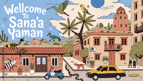 Welcome to Sana'a, Yemen - Illustrated Cityscape with Traditional Architecture