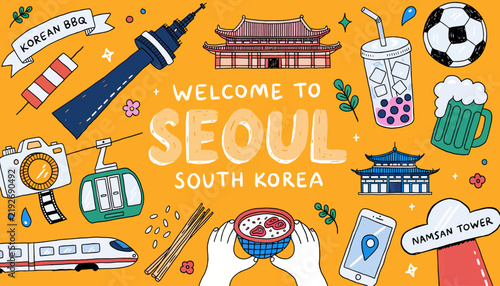 Welcome to Seoul, South Korea. Cute doodles of landmarks, food & culture.