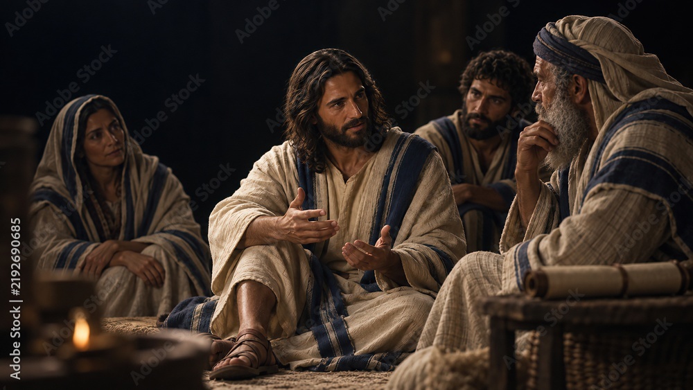 Obraz premium Jesus Christ speaks to followers, gesturing with hands during a discussion. They are seated in traditional ancient attire within a dimly lit setting.