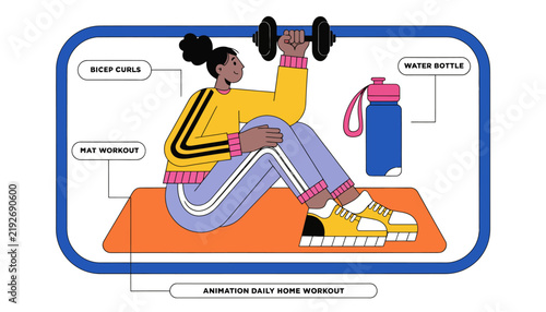 Woman Exercising at Home: Dumbbell Bicep Curl, Yoga Mat, Water Bottle Illustration
