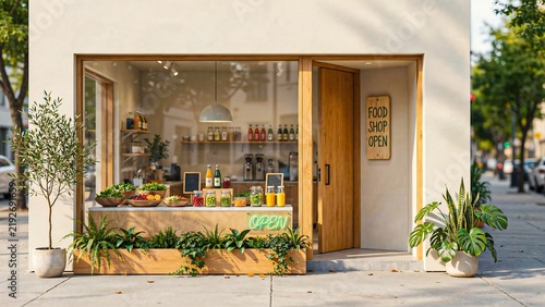 Modern food shop storefront with glass display window, fresh products, open sign and lush potted plants in an elegant urban setting