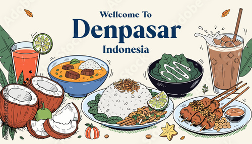 Welcome To Denpasar Indonesia: Delicious Food, Tropical Drinks, Coconuts Illustration
