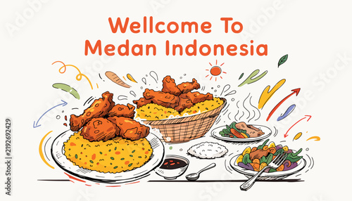 Welcome to Medan Indonesia - Delicious Fried Chicken and Rice Illustration