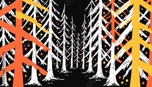 Whimsical Forest Landscape with Abstract Trees and Scattered Dots