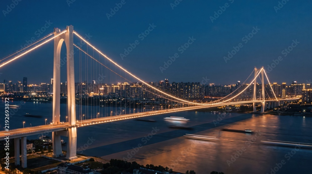 Fototapeta premium Illuminated suspension bridge over river at night with city skyline
