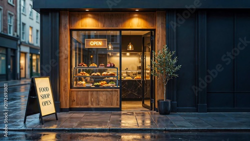 Modern food shop storefront with illuminated open sign, warm product display and sidewalk board on a rainy urban street at dusk