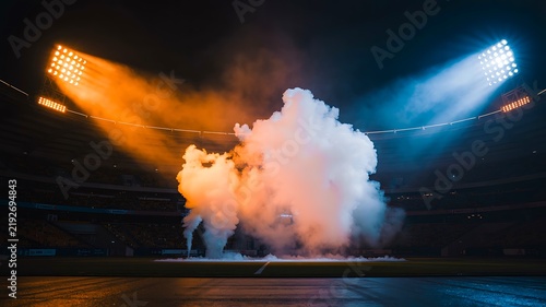 Dramatic sports stadium illuminated by colorful lights with smoke rising from the field