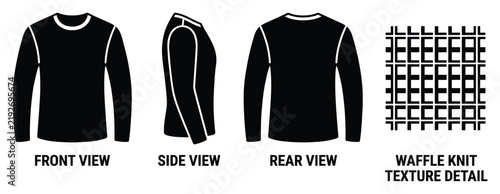 Long sleeve t shirt front side rear view and waffle knit texture detail.