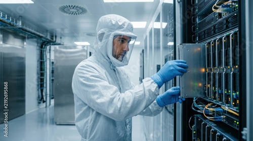 Technician in Cleanroom Suit Servicing Server Rack Hardware