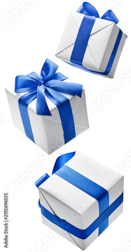 White color gift boxes with blue ribbon isolated
