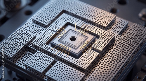 Quantum processor microchip with intricate metallic textures, futuristic semiconductor hardware components, advanced nanotechnology circuit board
