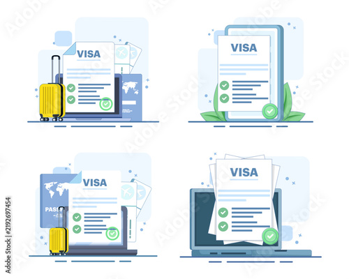Electronic visa set showing approved online applications, digital travel documents, passport stamps and immigration authorization for international and digital nomad travel