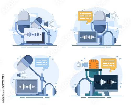 Podcast media set illustrating audio broadcasting, recording equipment, online radio, streaming content and digital communication for modern media projects