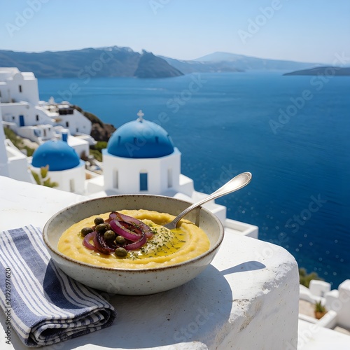 Traditional Greek Fava with Onion and Olive Oil on Cycladic Terrace