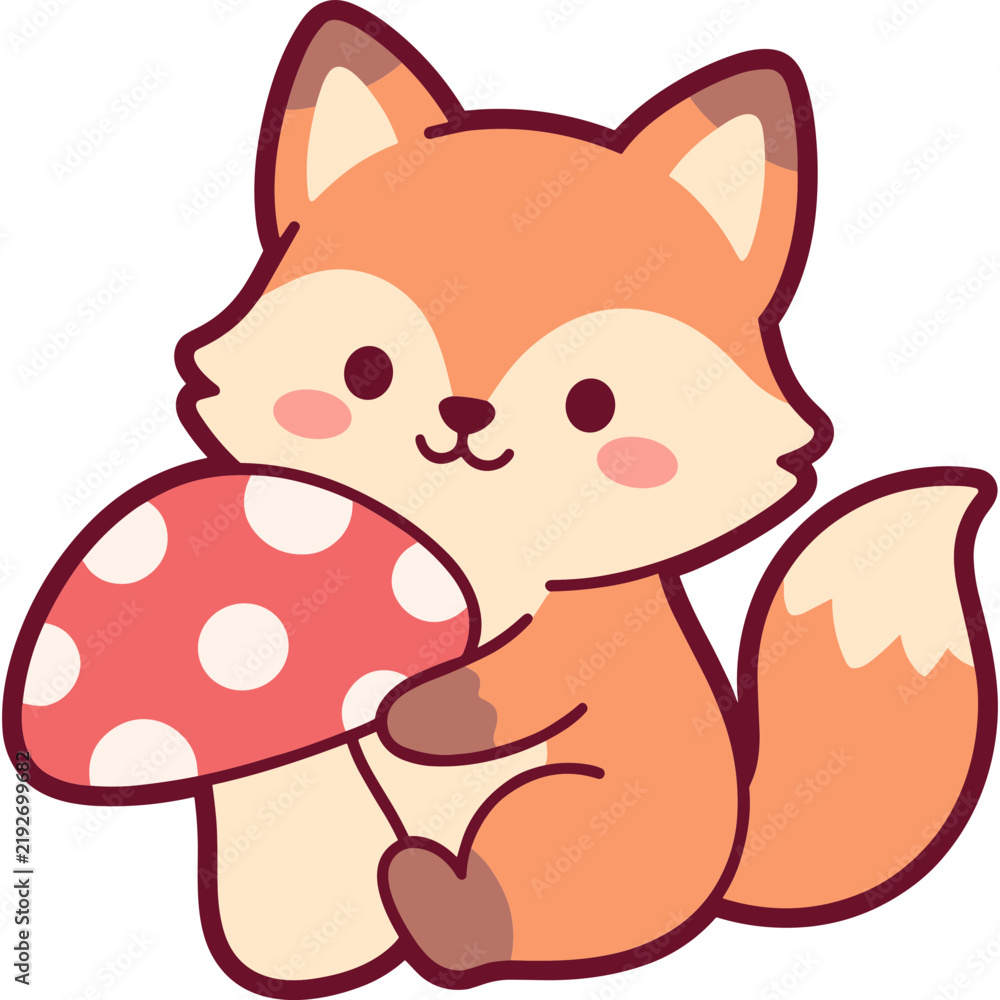 Fototapeta premium Cute Kawaii Fox Character Holding a Red Spotted Mushroom Illustration for Childrens Books and Nature Projects