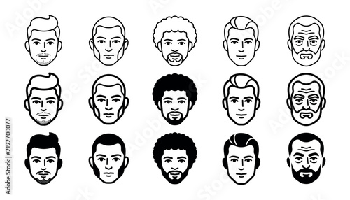 Bild auf Leinwand A collection of fifteen diverse male faces depicted in a simplistic black and wh