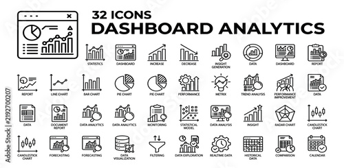 dashboard analytics icon set. Editable stroke. Vector illustration