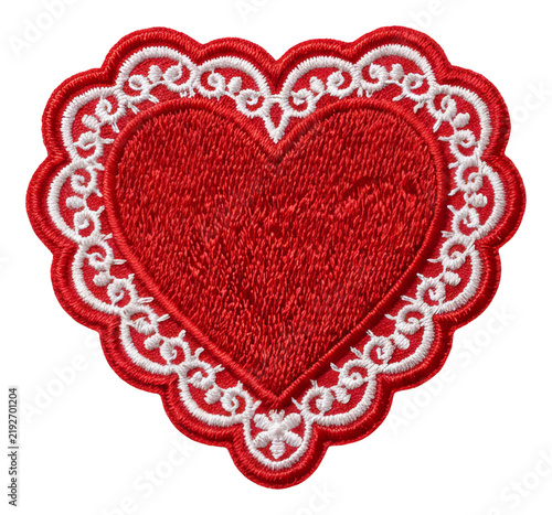 Embroidered Red Heart with White Lace Border Design.