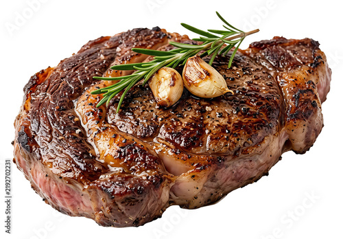 Juicy grilled ribeye steak with rosemary and garlic.
