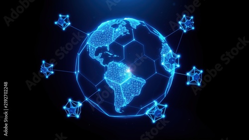 Glowing globe connected via polygonal lines. Digital network represents global communication, data transfer, technology. Futuristic design, dark background.
