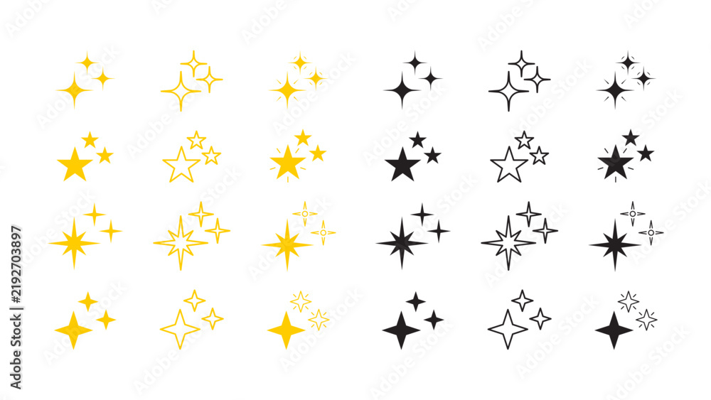 Fototapeta premium Collection of sparkling star icons in yellow and black outlines and solid fills