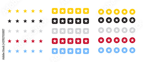 Collection of star rating icons in various colors and shapes for user feedback
