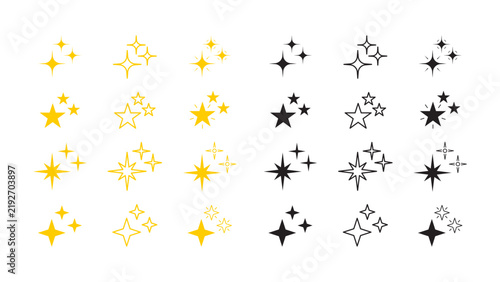 Collection of sparkling star icons in yellow and black outlines and solid fills